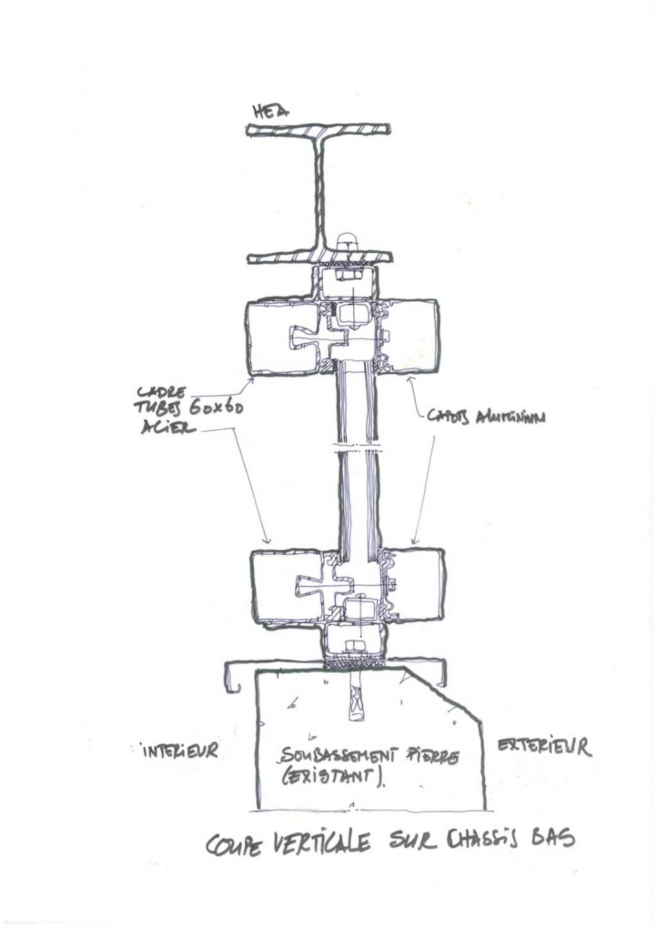 Traverses - détail des éléments de chassis vitrés en partie basse